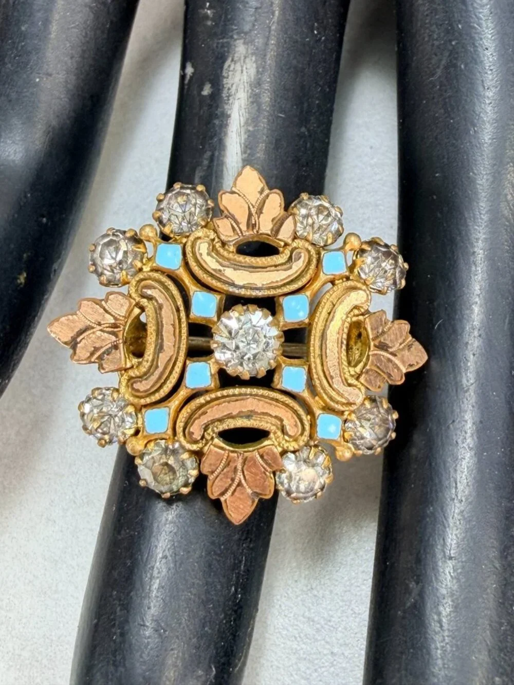 Antique Stunning Gold Filled Enamel Rhinestone Brooch Art Deco Pin